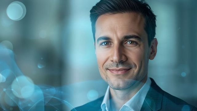 Smiling business executive making direct eye contact modern blue corporate headshot bokeh