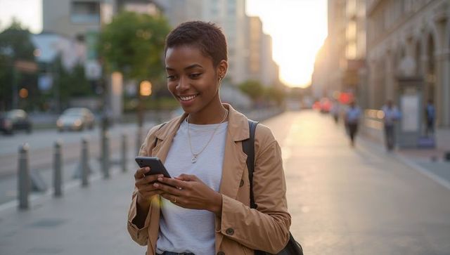 Young professional walking and texting on smartphone during golden hour in city
