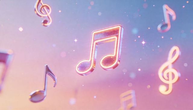 Glowing neon musical notes floating over pastel bokeh gradient with glittering sparkle