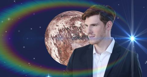 Visionary Businessman Against Cosmic Backdrop