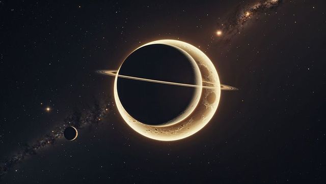 Glowing Ringed Planet with Cosmic Moon and Galaxy