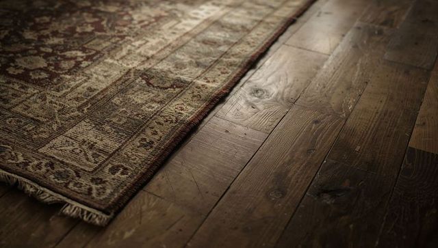 Vintage woven area rug on distressed hardwood floor featuring fringe, pattern, texture