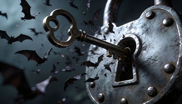 Unleashing bat swarm from antique skeleton key in weathered round padlock with fog