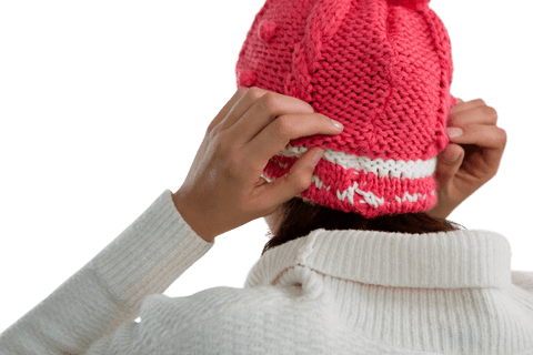 Transparent background rear view woman adjusting winter heater