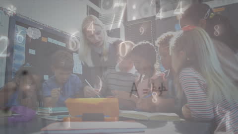 Teacher Collaborating with Students Amid Floating Numbers