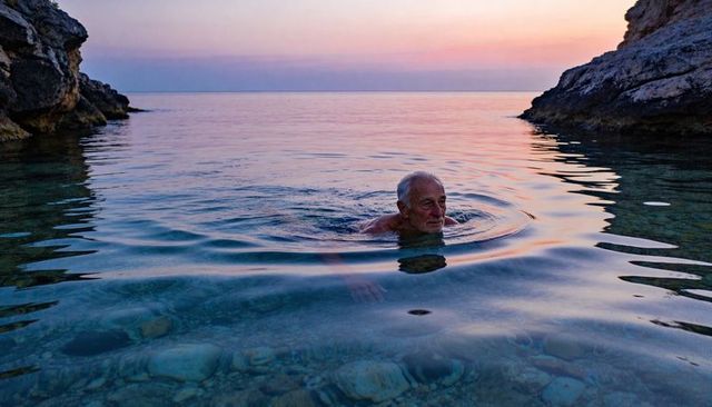 Senior man swimming at dusk in rocky cove with crystal clear water and pebble seabed