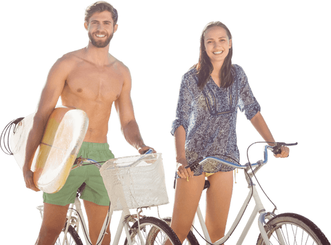 Summer Enjoyment: Couple Biking with Surfboards on Transparent Background
