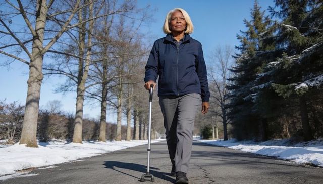 Senior woman walking with quad cane on snowy suburban road, confident outdoor mobility
