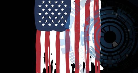 American Flag Dripping Over Futuristic HUD Rings, Abstract Stars and Stripes Concept