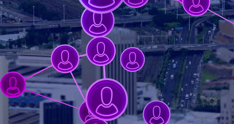 Network of Connected Icons Over Cityscape Celebrates Labor Day