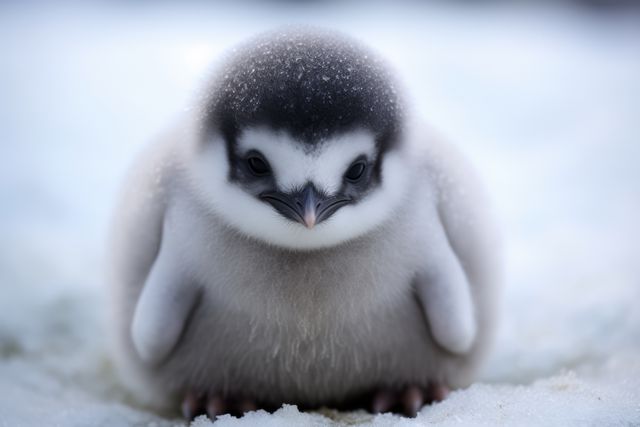 Penguin chick sitting on snowy surface. Fluffy and adorable bird with distinct black and white markings. Great for winter, wildlife, and nature-themed use.