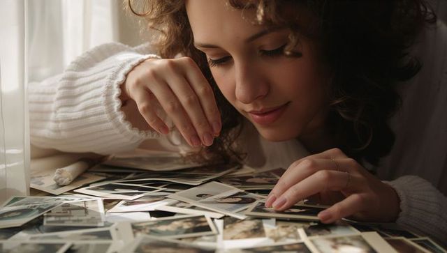 Young woman sorting vintage instant prints by window, cozy warm daylight nostalgia