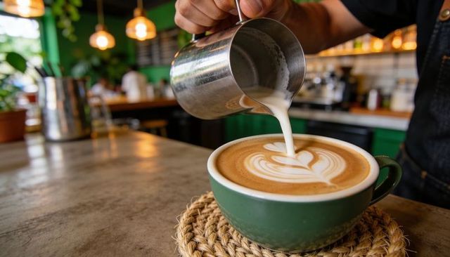 Barista pouring milk with steel pitcher creating heart latte art in green cup at cozy cafe