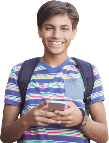 Smiling Teen Boy Using Mobile Phone in Casual Outfit