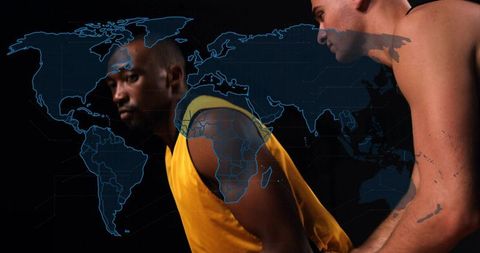 Basketball duo leaning and defending with world map projection for global competition