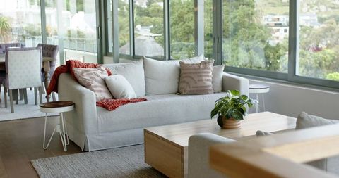 Bright modern living room featuring light-gray sofa, rust throw and potted plant