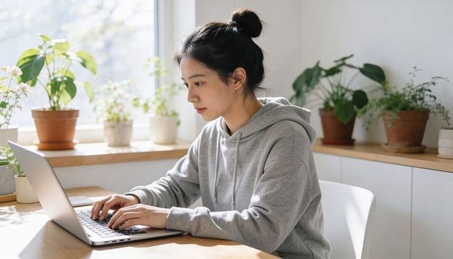 Focused asian woman typing on laptop in bright home workspace with indoor plants