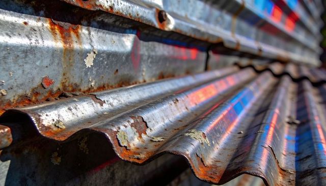 Rusted corrugated metal panels showing peeling paint, rivets and blue-red reflections