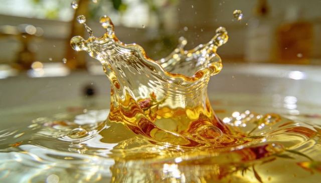 Forming golden crown splash with amber droplets and red flecks, macro close-up bokeh reflections