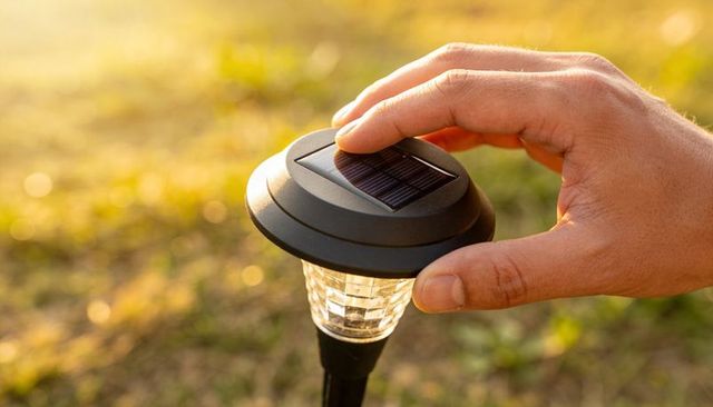 Hand pressing solar panel on garden stake light at golden hour for outdoor lighting