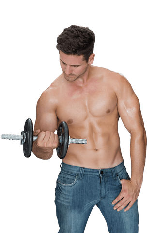 Athletic man lifting dumbbell on transparent background