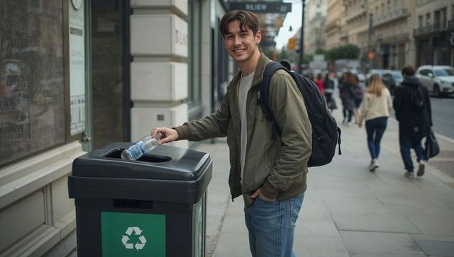 Young man recycling plastic bottle on city sidewalk smiling with backpack promoting sustainability