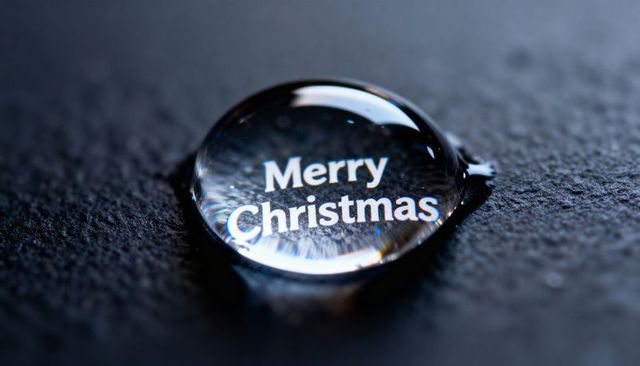 Water droplet magnifying merry christmas text on dark slate surface macro refraction