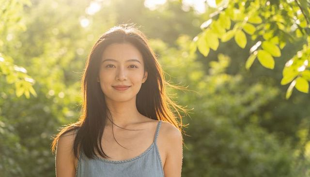 Sunlit asian woman smiling in denim dress outdoors during golden hour, natural green bokeh