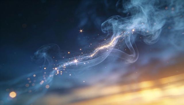 Ethereal Gold Trail Through Blue Smoke Dreamy Sparkling Mist Nebula Background