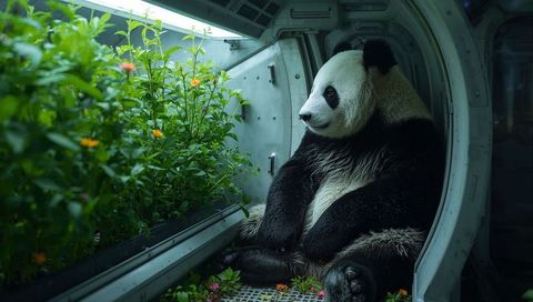 Panda sitting inside futuristic botanic capsule eating blossoms beside hydroponic planter