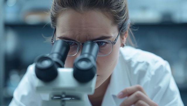 Focused female scientist examining samples through microscope close-up in modern laboratory