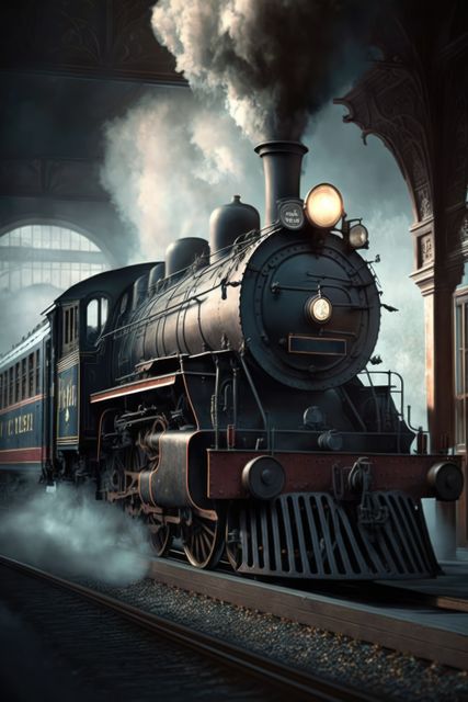 Black steam train on tracks at station over clouds, created using generative ai technology - Download Free Stock Photos Pikwizard.com
