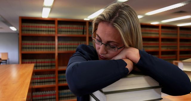 Young Woman Exhausted Studying in Library with Stack of Books - Download Free Stock Images Pikwizard.com