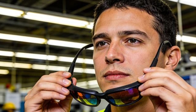 Factory worker adjusting mirrored safety glasses wearing high-visibility vest focused gaze