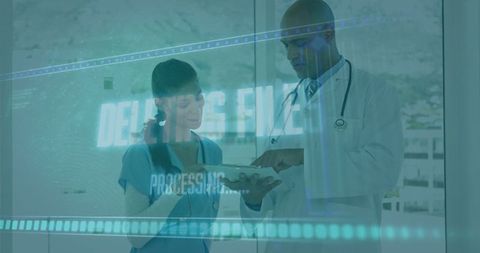 Doctor and Nurse Collaborating with Digital Technology in Hospital