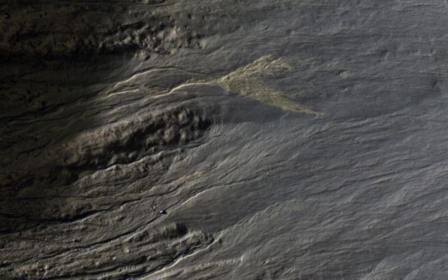 This full-resolution image is centered on a bright deposit at the end of a gully channel.  The bright deposit does not seem to be present in an image acquired several years earlier than 2009, and is likely to be very recent based on its distinctive brightness.  The map is projected here at a scale of 25 centimeters (9.8 inches) per pixel. [The original image scale is 25.4 centimeters (10 inches) per pixel (with 1 x 1 binning); objects on the order of 76 centimeters (29.9 inches) across are resolved.] North is up.  http://photojournal.jpl.nasa.gov/catalog/PIA21574
