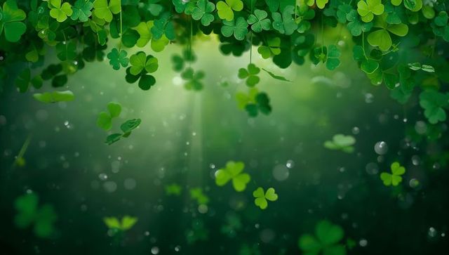 Sunlit clover canopy with drifting trefoils, dewy bokeh and ethereal green meadow light