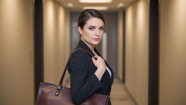 Confident Businesswoman Carrying Brown Leather Bag in Corporate Corridor