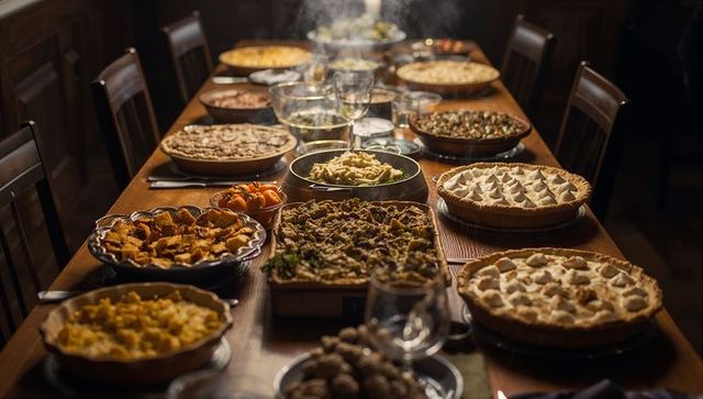 Festive rustic feasting table with homemade dishes