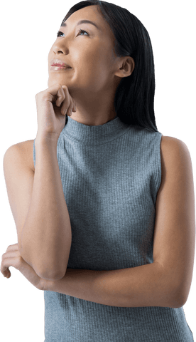 Thoughtful Asian Woman Posing With Transparent Background