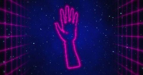 Holographic Digital Hand in a Spooky Night Sky