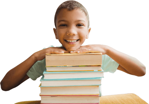 Smiling Child Leaning on Stack of Books with Transparent Background - Download Free Stock Videos Pikwizard.com