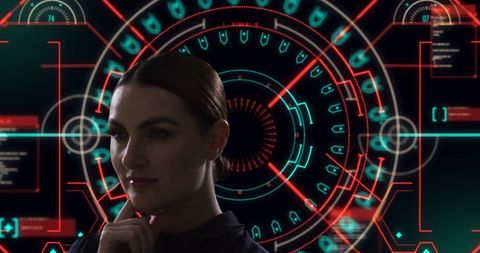 Woman analyzing digital interface holograms