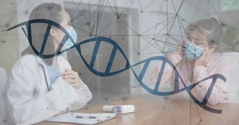 Doctor and Patient Consultation with Overlaid DNA Strand Illustration
