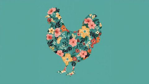 Floral patterned rooster silhouette on teal background