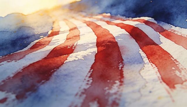 Sunlit watercolor american flag stripes flowing across textured paper with warm wash
