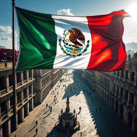 Mexican flag waving above historic city plaza