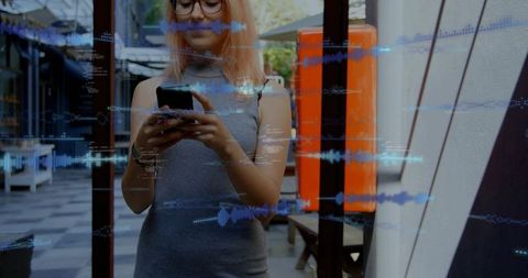 Pink-haired woman checking phone with glasses reflected on cafe glass with blue waveform overlay