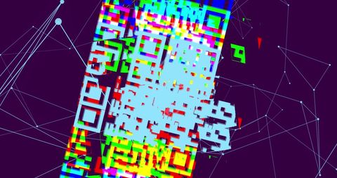 Abstract digital qr code with network elements on purple background