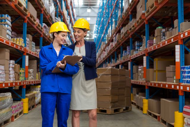 Warehouse manager and worker discussing logistics while reviewing a clipboard. Both wearing safety helmets, they stand in a well-organized warehouse with shelves stocked with boxes. Ideal for use in articles about warehouse management, logistics, teamwork, and industrial safety.